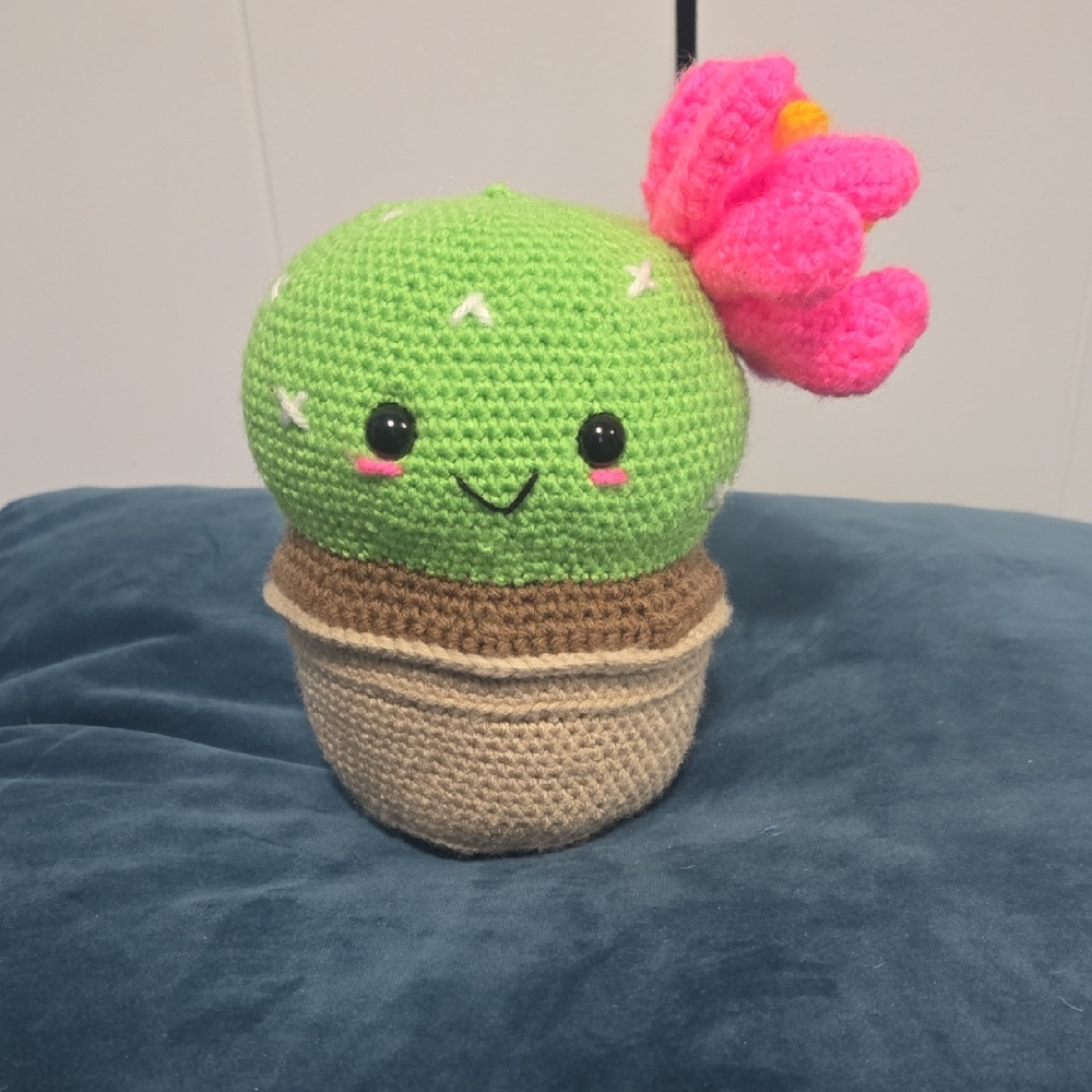 Handmade Crocheted Cactus Plush Toy with Pink Flower